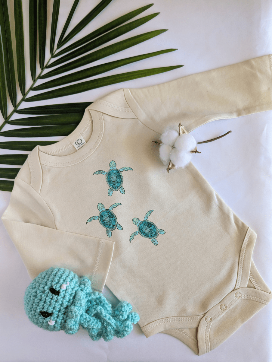 Organic Cotton Long Sleeve Baby Onesie with Baby Sea Turtle Design | Eco-Friendly Newborn Outfit | Ocean-Themed Baby Shower Gift