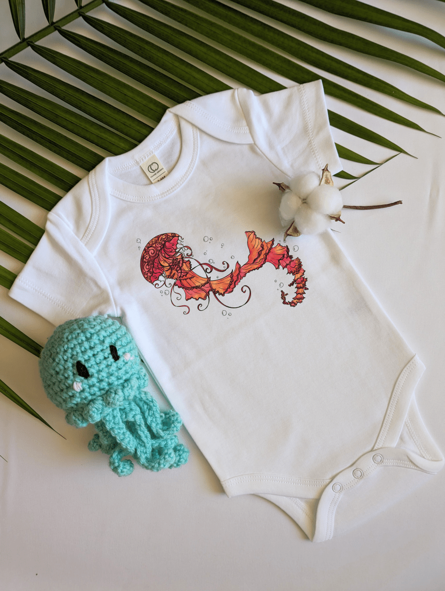 Organic Cotton Short Sleeve Baby Onesie with Pink Jellyfish Design | Eco-Friendly Newborn Outfit | Ocean-Themed Baby Shower Gift