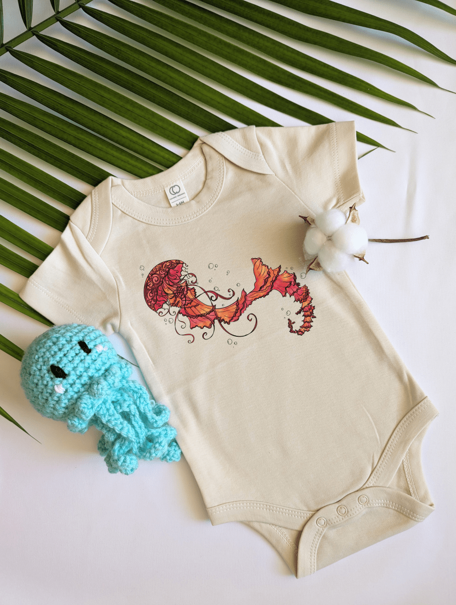 Organic Cotton Short Sleeve Baby Onesie with Pink Jellyfish Design | Eco-Friendly Newborn Outfit | Ocean-Themed Baby Shower Gift