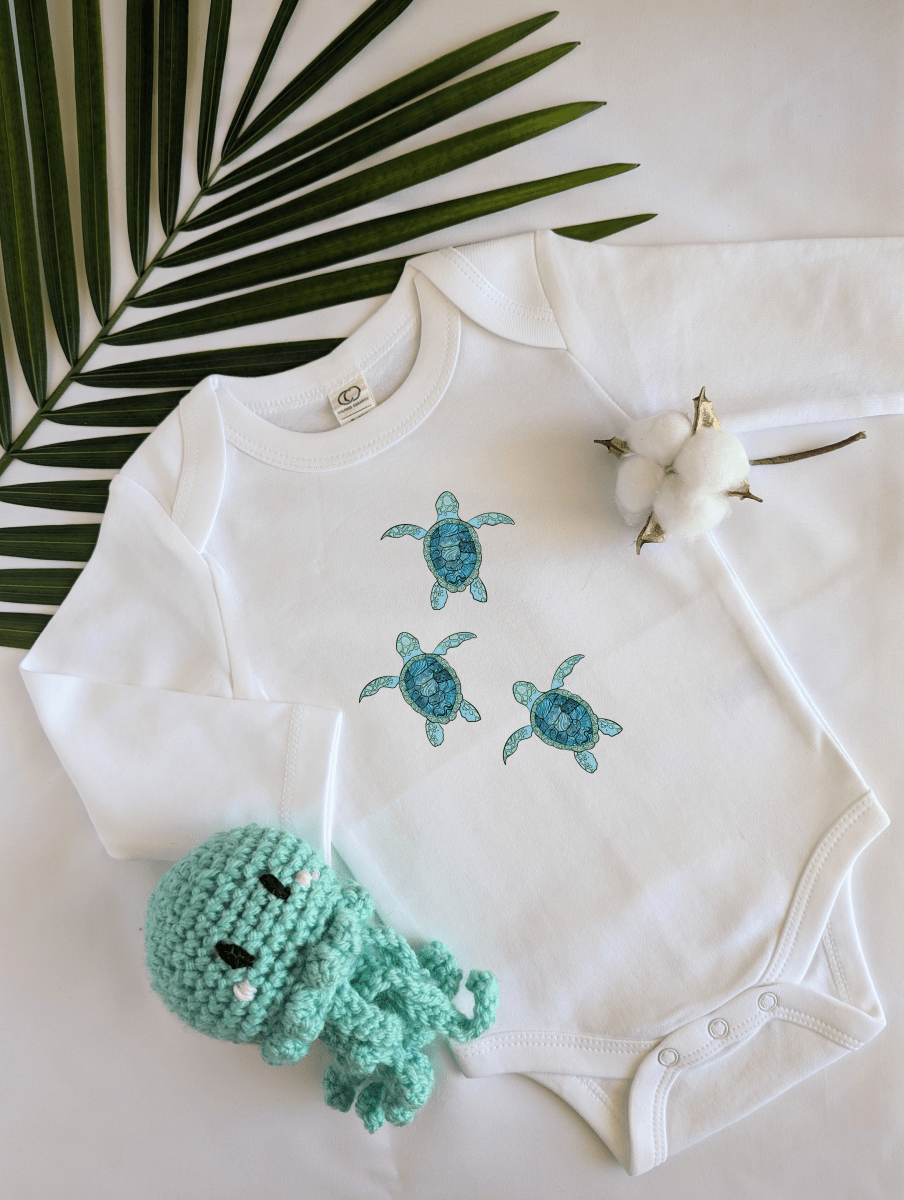 Organic Cotton Long Sleeve Baby Onesie with Baby Sea Turtle Design | Eco-Friendly Newborn Outfit | Ocean-Themed Baby Shower Gift