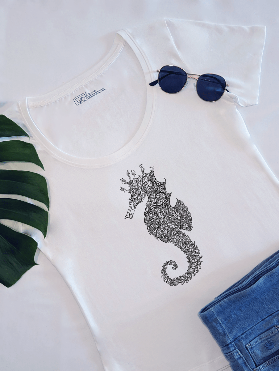 Womens Black and White Seahorse Serenity Organic Cotton Scoop Neck Tee