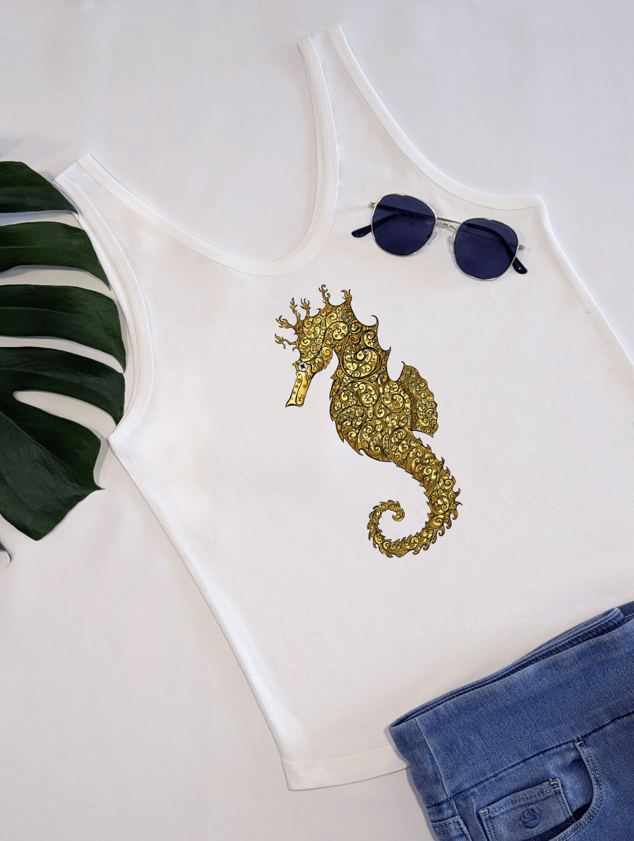 Womens Gold Seahorse Serenity Organic Cotton Tank