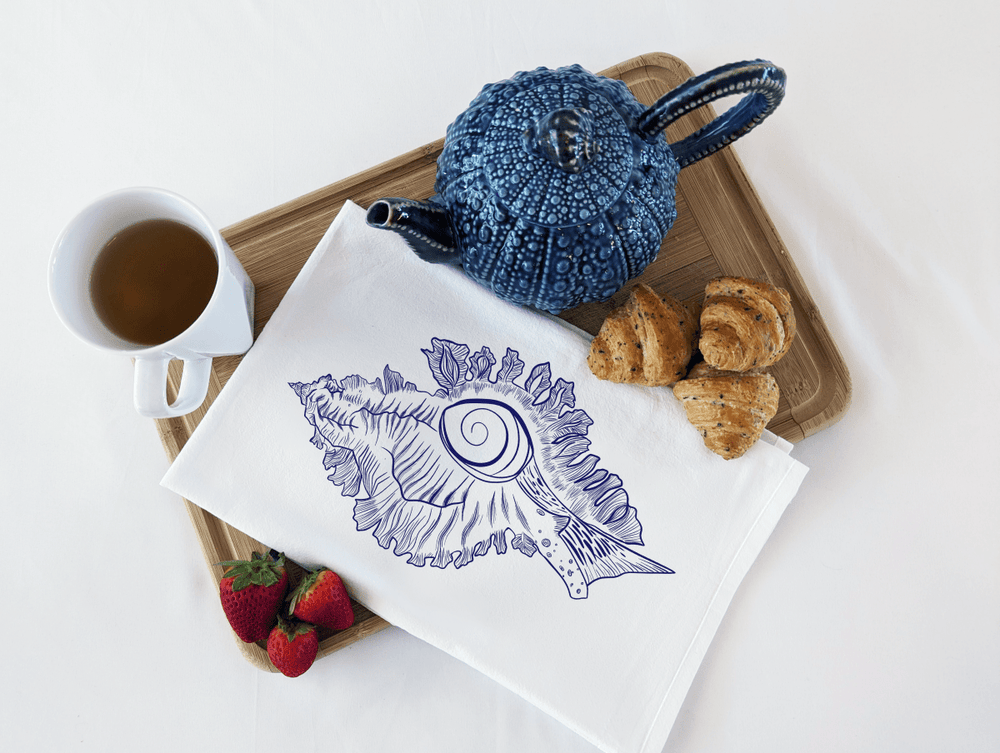 Navy Murex Seashell Organic Cotton Kitchen Towel - Eco-Friendly Tea Towel, Sustainable Dish Towel, Nautical-Inspired Kitchen Décor, Nature Inspired Design