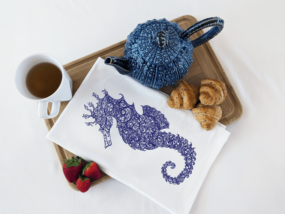 Navy Seahorse Organic Cotton Kitchen Towel - Eco-Friendly Tea Towel, Sustainable Dish Towel, Nautical-Inspired Kitchen Décor, Nature Inspired Design