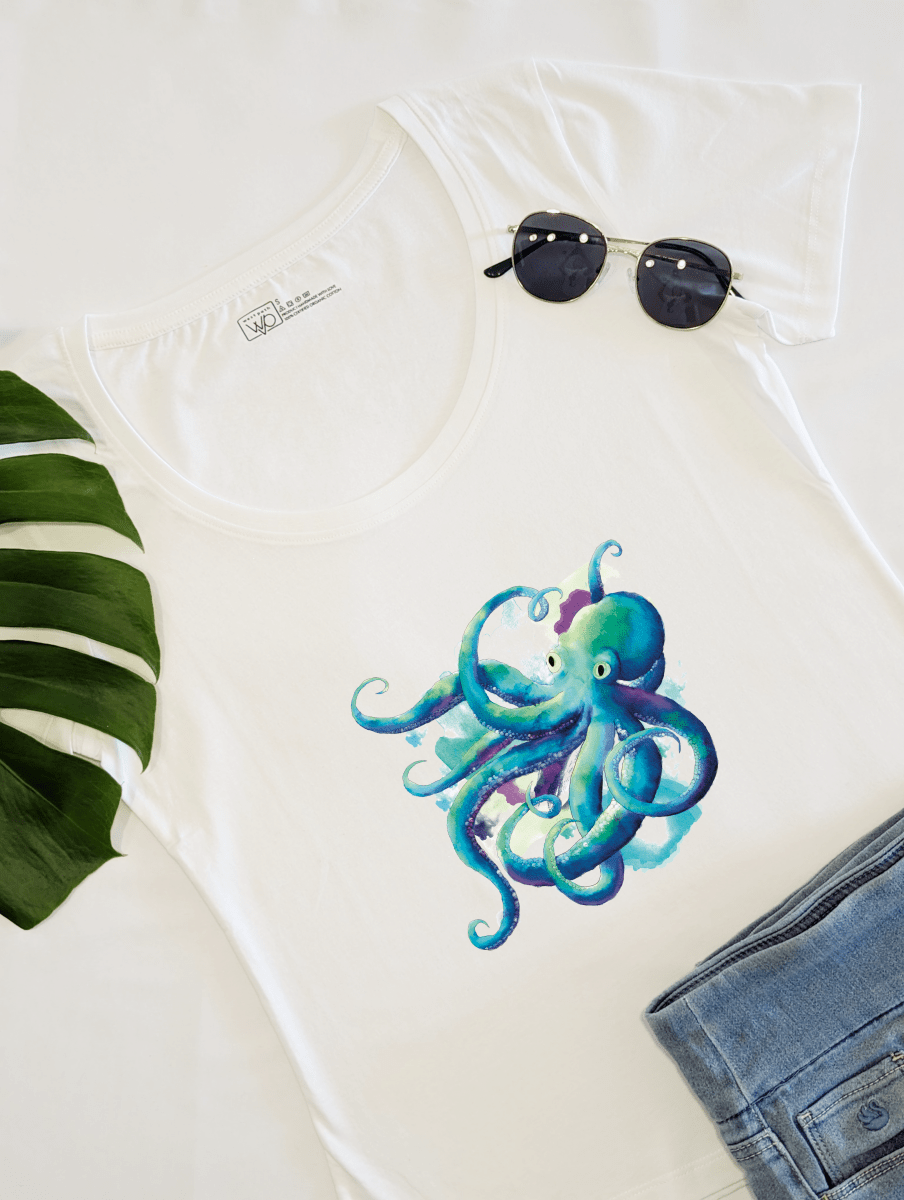 Womens Organic Cotton Scoop Neck Tee with Watercolor Octopus Design