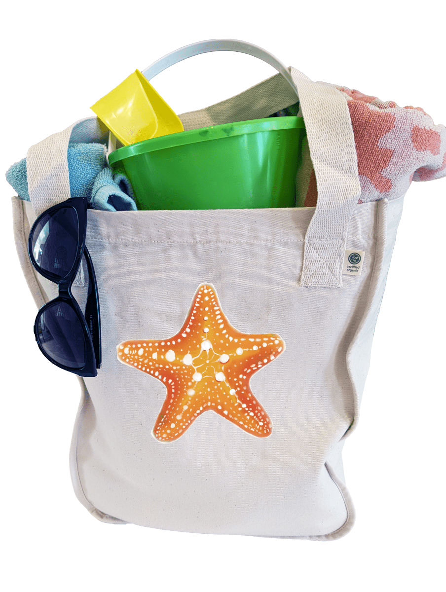 Organic Cotton Tote Bag with Orange Starfish | Eco-Friendly Reusable Bag | Sustainable Nautical Decor