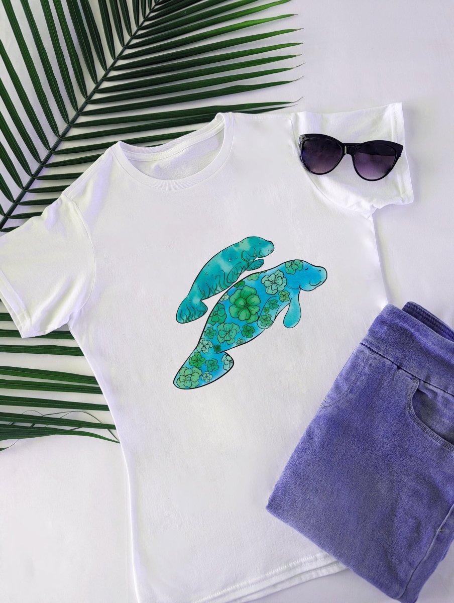 Women's Organic Cotton Crew Neck Tee with Mother and Baby Manatee Botanical Design