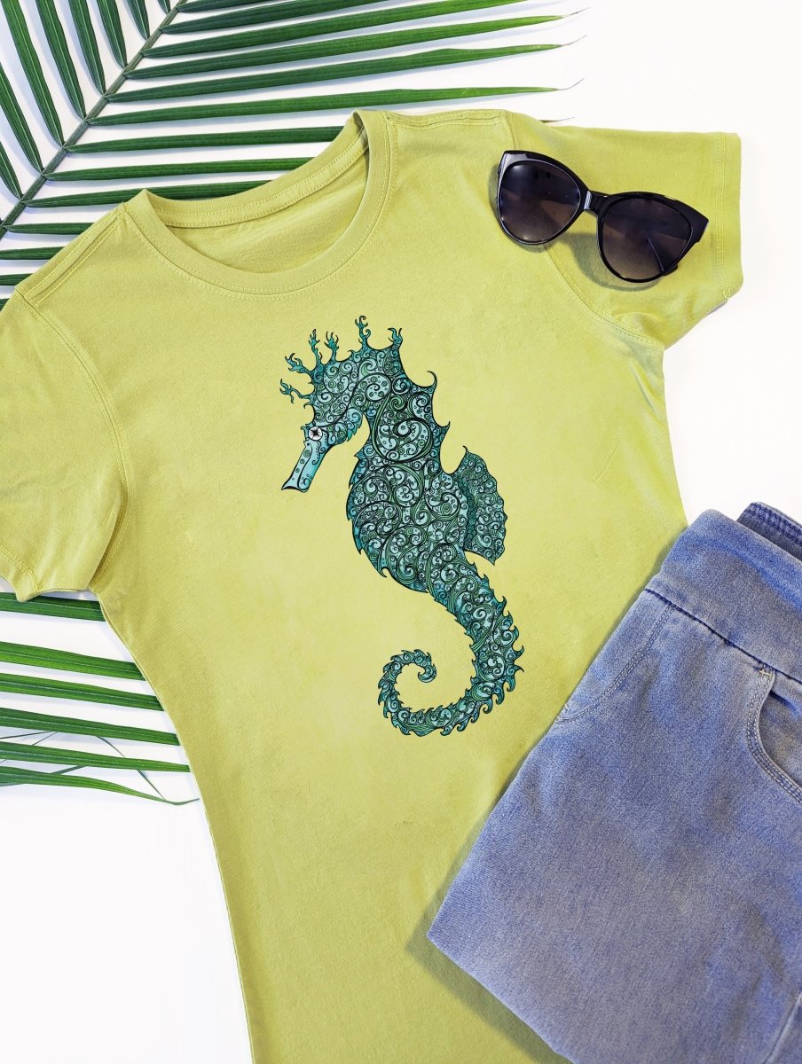 Womens Seahorse Serenity Organic Cotton Crew Neck Tee