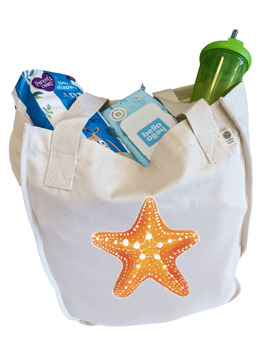 Organic Cotton Tote Bag with Orange Starfish | Eco-Friendly Reusable Bag | Sustainable Nautical Decor