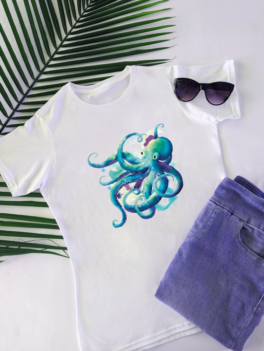 Women's Organic Cotton Crew Neck Tee with Watercolor Octopus Design