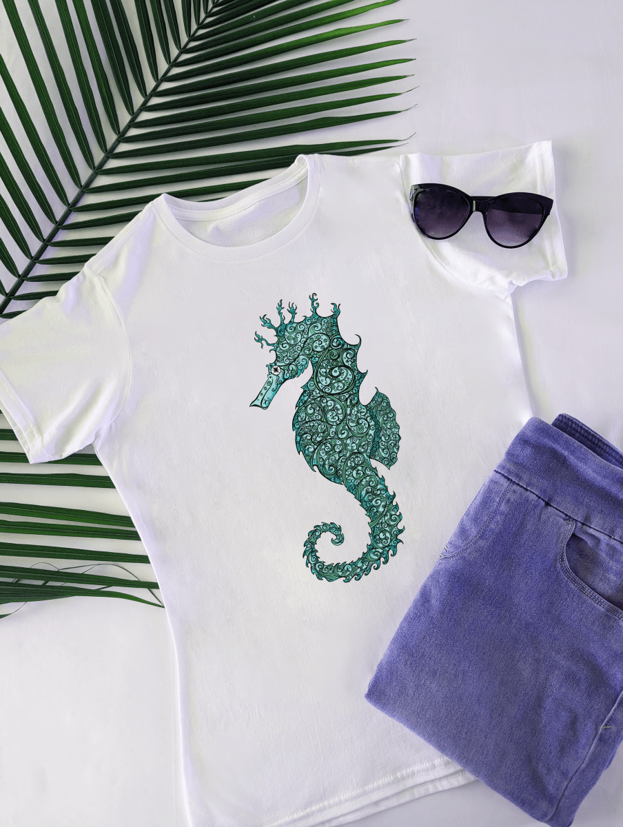 Womens Seahorse Serenity Organic Cotton Crew Neck Tee