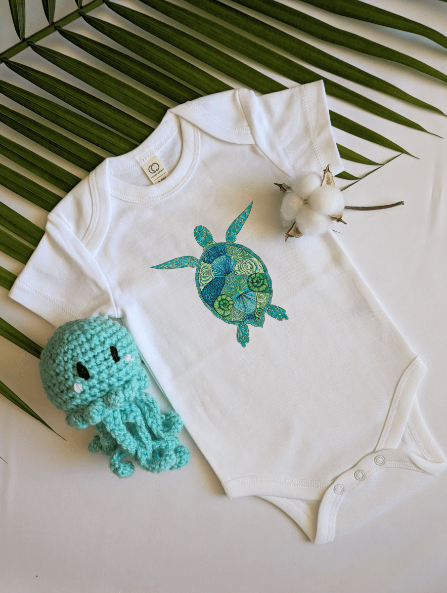 Organic Cotton Short Sleeve Baby Onesie with Sea Turtle Design | Eco-Friendly Newborn Outfit | Ocean-Themed Baby Shower Gift